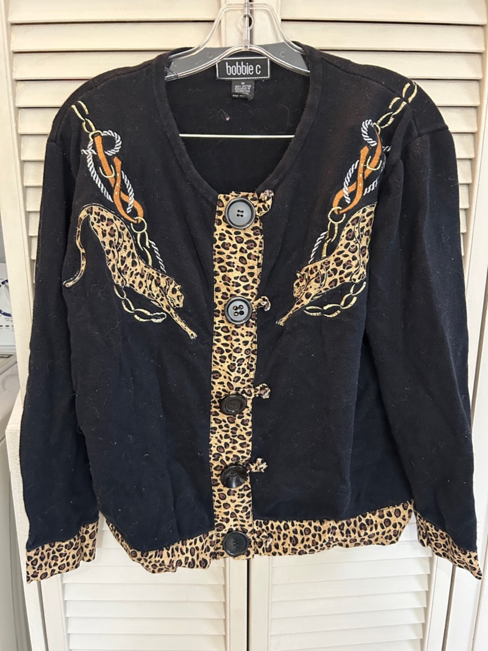 Bobbie C Black Leopard-Trim 100% cotton Button Front Sweater